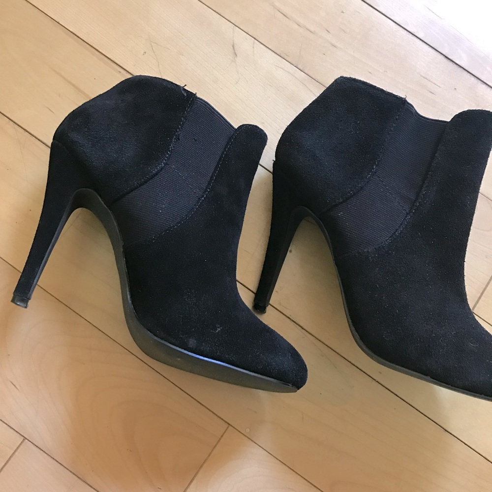 Black suede booties, 4” heels by Steve Madden,size 6.5